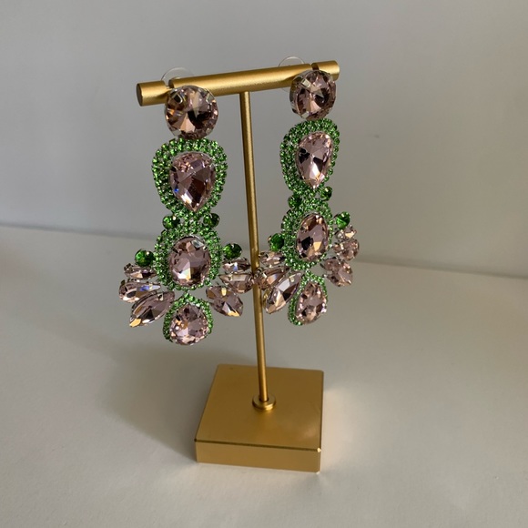 Pink and Green Rhinestone Drop Earrings - Picture 3 of 3